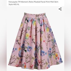 Fancyqube Retro Pleated Light Pink Floral Print Midi Skirt XL